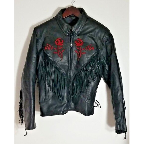 Jackets & Blazers - Genuine Leather LG Motorcycle Jacket Fringe Rose Inlay w/ Thinsulate 3M Liner